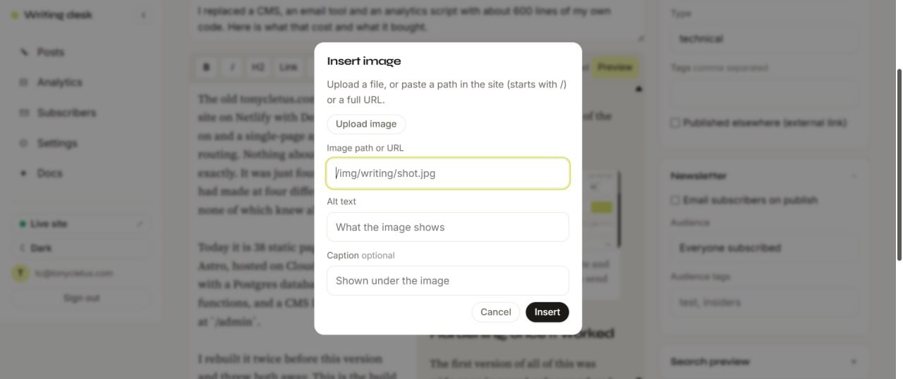 The Insert image dialog open over the admin editor, with an Upload image button, fields for image path or URL, alt text and an optional caption, plus Cancel and Insert buttons