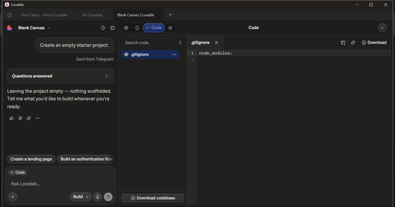 A fresh Lovable project called Blank Canvas with nothing scaffolded, the code view showing a single .gitignore file containing node_modules