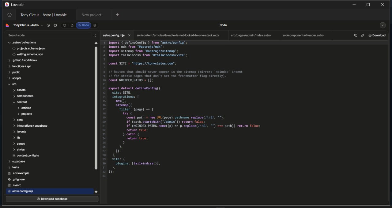 The Lovable code view for this site, file tree open on src with astro.config.mjs, src/content/articles, src/pages and src/layouts, and astro.config.mjs shown in the editor