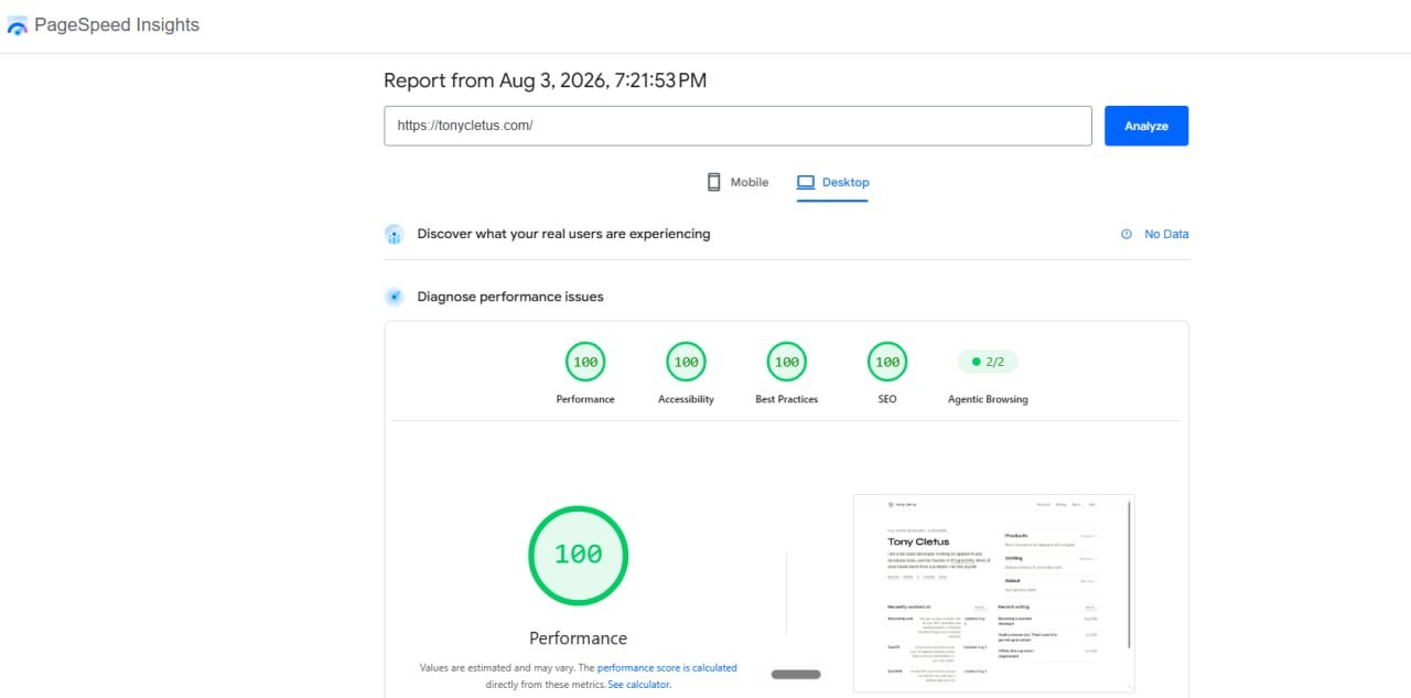 PageSpeed Insights desktop report for tonycletus.com showing 100 performance, 100 accessibility, 100 best practices and 100 SEO, with a screenshot of the current homepage