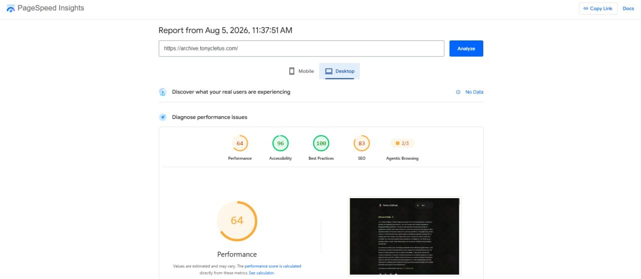 PageSpeed Insights desktop report for archive.tonycletus.com showing 64 performance, 96 accessibility, 100 best practices and 83 SEO, with a dark screenshot of the old About page